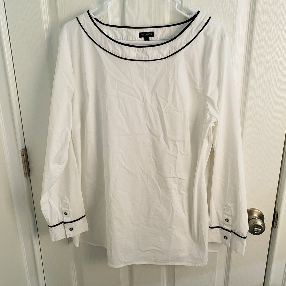 Talbots White Blouse Womens XL Cotton Stretch Black Trim Fitted Side Zip